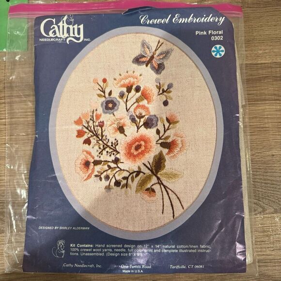 Vintage Pink Floral Crewel Embroidery Cross Stitch Kit by Cathy Needlecraft - Picture 1 of 3